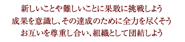 新しいことや難しいことに果敢に挑戦しよう 成果を意識し、その達成のために全力を尽くそう お互いを尊重し合い、組織として団結しよう